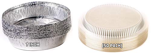 [100 Pack] 7 inch Disposable Round Aluminum Foil Take-Out Pans with Plastic Lids Set - Disposable Tin Containers, Perfect for Baking, Cooking