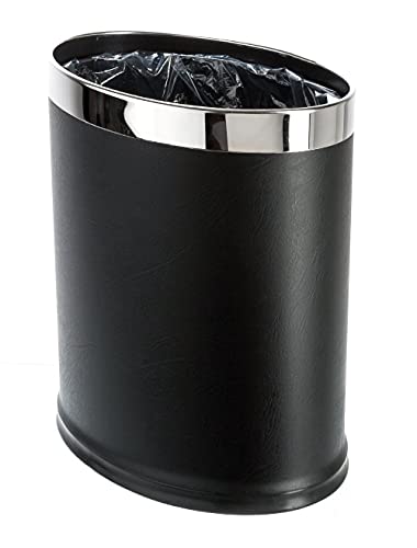 Brelso 'Invisi-Overlap' Open Top Leatherette Trash Can, Small Office Wastebasket, Modern Home Dcor, Oval Shape (Black)
