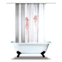 Shower curtain traces of bloody hands in blood