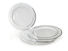 Load image into Gallery viewer, &quot; OCCASIONS&quot; 1080 pcs/120 Guest-Full Tableware SetWedding Disposable Plastic Plates Silverware, Silver Rim Tumblers &amp; Linen Feel Napkins/Metal Napkin Rings(Combo D, White &amp; Silver Rim)
