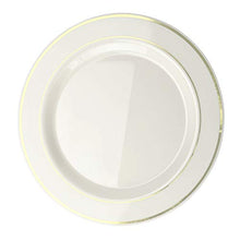 Load image into Gallery viewer, &quot; OCCASIONS&quot; 120 Plates Pack, Heavyweight Disposable Wedding Party Plastic Plates (10.5&#39;&#39; Dinner Plate, Ivory &amp; Gold Rim)
