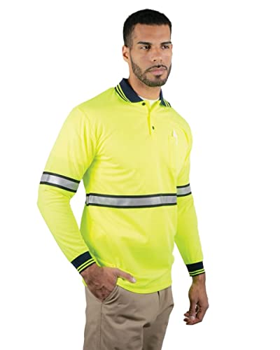 First Class Two Tone Polyester Polo Shirt with Reflective Stripes Yellow (5XL, Long Sleeve)