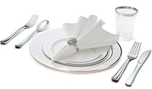 Load image into Gallery viewer, &quot; OCCASIONS&quot; 1080 pcs/120 Guest-Full Tableware SetWedding Disposable Plastic Plates Silverware, Silver Rim Tumblers &amp; Linen Feel Napkins/Metal Napkin Rings(Combo D, White &amp; Silver Rim)
