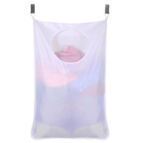 Oxford Fabric Space Saving Door-Hanging Laundry Hamper Bag + 2 Stainless Steel Hooks + 2 Strong Suction Cups for Bedroom, Nursery, Dorm or Closet (White)