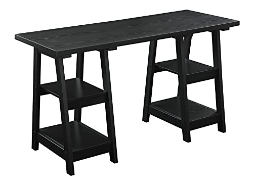 Convenience Concepts Designs2Go Double Trestle Desk with Shelves, Black