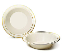 Load image into Gallery viewer, &quot; OCCASIONS &quot; 40 Piece Plates Pack, Heavyweight Disposable Wedding Party Plastic Bowls (14 oz Soup Bowl, Ivory &amp; Gold Rim)
