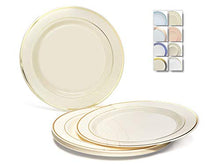 Load image into Gallery viewer, &quot; OCCASIONS&quot; 120 Plates Pack, Heavyweight Disposable Wedding Party Plastic Plates (7.5&#39;&#39; Appetizer/Dessert Plate, Ivory &amp; Gold Rim)
