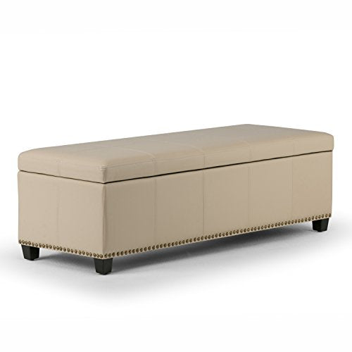 SIMPLIHOME Kingsley 48 inch Wide Transitional Rectangle Lift Top Storage Ottoman in Upholstered Satin Upholstered Cream Faux Leather with Large Storage Space for the Living Room, Entryway, Bedroom