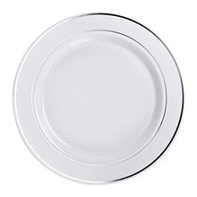 Load image into Gallery viewer, &quot; OCCASIONS&quot; 120 Plates Pack, Heavyweight Disposable Wedding Party Plastic Plates (7.5&#39;&#39; Appetizer/Dessert Plate, White &amp; Silver Rim)
