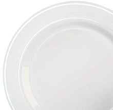 Load image into Gallery viewer, &quot; OCCASIONS&quot; 40 Plates Pack, Heavyweight Disposable Wedding Party Plastic Plates (7.5&#39;&#39; Appetizer/Dessert Plate, White &amp; Silver Rim)

