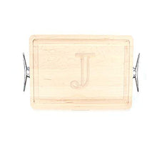 Load image into Gallery viewer, BigWood Boards Thick Carving Board with Large Boat Cleat Handle in Cast Aluminum, 15-Inch by 24-Inch by 1.25-Inch, Monogrammed &quot;J&quot;, Maple
