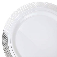 Load image into Gallery viewer, &quot; OCCASIONS&quot; 120 Plates Pack, Heavyweight Disposable Wedding Party Plastic Plates (7.5&#39;&#39; Appetizer/Dessert Plate, Celebration in White &amp; Silver)
