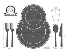 Load image into Gallery viewer, &quot; OCCASIONS &quot; 200pcs set (25 Guests)-Heavyweight Wedding Party Disposable Plastic Plate Set -25 x 10.5&#39;&#39; + 25 x 7.5&#39;&#39; + Silverware + Cups +linen like paper Napkins (White &amp; Silver Rim)
