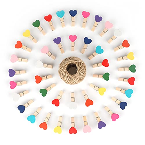 100Pcs Heart Mini Wooden Clothespin with 100 Feet Jute Twine Photo Clips 3.5cm Wood Craft Clips for Photography Home Decor (Multicolor)