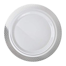 Load image into Gallery viewer, &quot; OCCASIONS&quot; 120 Plates Pack, Heavyweight Disposable Wedding Party Plastic Plates (7.5&#39;&#39; Appetizer/Dessert Plate, Celebration in White &amp; Silver)
