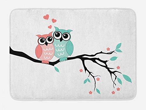 Ambesonne Teal and White Bath Mat, Owl Couple Sitting on Tree Branch Valentines Romance Love, Plush Bathroom Decor Mat with Non Slip Backing, 29.5