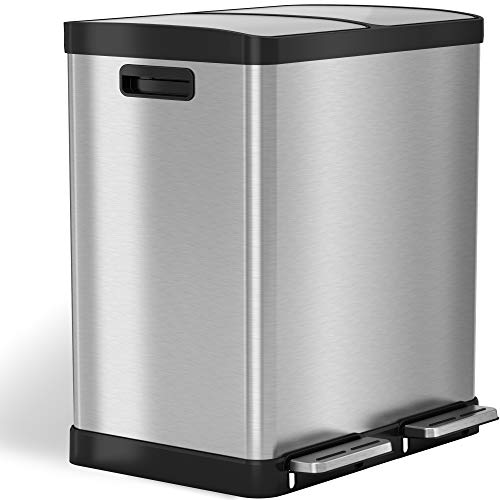 iTouchless 16 Gallon Dual Step Trash Can & Recycle, Stainless Steel Lid and Bin Body with Handle, Includes 2 x 8 Gallon (30L) Removable Buckets are Color-Coded, Soft-close and Airtight Lid