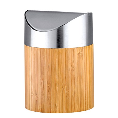 axentia Bonja Cosmetic bin Made of Bamboo and Stainless Steel matt Brushed Swing lid bin, Small Cosmetics Mini bin with Insert Bathroom Waste bin, 0.8 litres, Silver/Wood, 12 x 12 x 16.5 cm