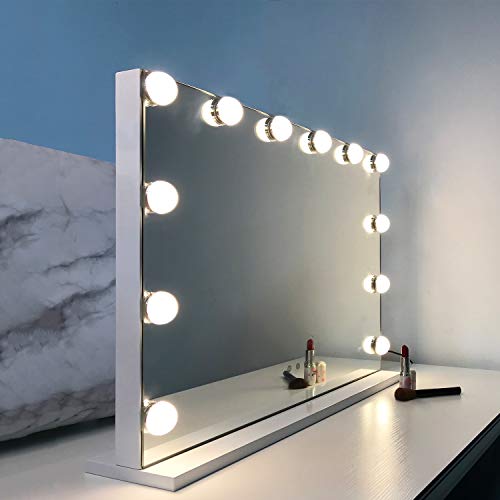 WAYKING Makeup Mirror with Lights, Hollywood Lighted Vanity Mirror with Touch Screen Dimmer, Tabletop Mirror with USB Charging Port, 3 Color Lighting Modes, White (H17.3 X L22.8 Inch)