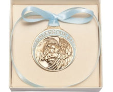 Load image into Gallery viewer, Gold Oxide Baby with Guardian Angel Crib Medal with Blue Ribbon- Boxed

