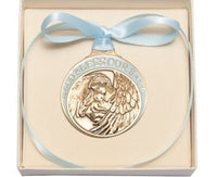 Gold Oxide Baby with Guardian Angel Crib Medal with Blue Ribbon- Boxed