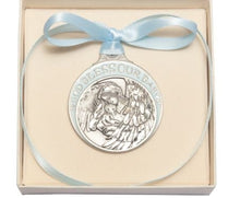 Load image into Gallery viewer, Beautiful Pewter Baby with Angel Crib Medal with Blue Ribbon- Boxed
