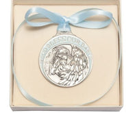 Beautiful Pewter Baby with Angel Crib Medal with Blue Ribbon- Boxed