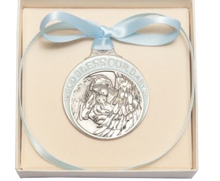 Beautiful Pewter Baby with Angel Crib Medal with Blue Ribbon- Boxed