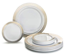Load image into Gallery viewer, &quot; OCCASIONS&quot; 120 Plates Pack, Heavyweight Premium Disposable Plastic Plates Set 60 x 10.5&#39;&#39; Dinner + 60 x 6.25&#39;&#39; Dessert/Cake Plates (Celebration White &amp; Gold)
