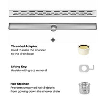 Load image into Gallery viewer, DreamDrain Professional Stainless Steel Linear Shower Drain Bars Patterned Grate - Easy Installation Shower Drain Hair Catcher Kit (Brushed Finish, 28 x 2.75 Inches)
