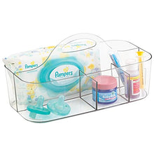 Load image into Gallery viewer, mDesign Plastic Portable Nursery Storage Organizer Caddy Tote - Divided Basket Bin with Handle - Holds Bottles, Spoons, Bibs, Pacifiers, Diapers, Wipes, Baby Lotion - BPA Free - Large - Clear
