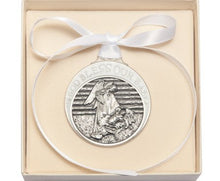 Load image into Gallery viewer, Pewter Baby in Manger Crib Medal with White Ribbon - Boxed
