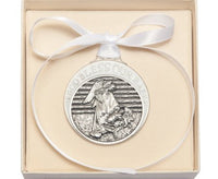 Pewter Baby in Manger Crib Medal with White Ribbon - Boxed