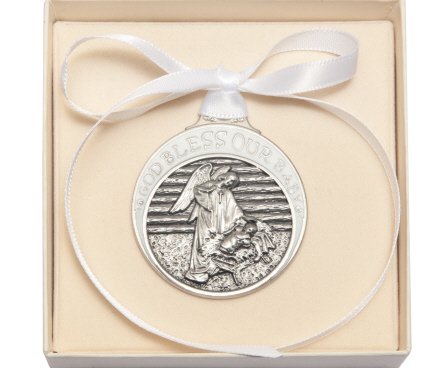 Pewter Baby in Manger Crib Medal with White Ribbon - Boxed