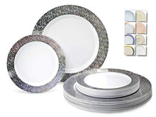 Load image into Gallery viewer, &quot; OCCASIONS &quot; 50 Plates Pack (25 Guests)-Heavyweight Wedding Party Disposable Plastic Plate Set -25x10.5&#39;&#39; Dinner+25x7.5&#39;&#39; Salad/dessert plates (Hollywood White &amp; Silver)
