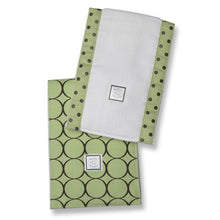Load image into Gallery viewer, Swaddle Designs Baby Burpies (set of 2): Brown Mod Circles Lime w/ Brown Dots
