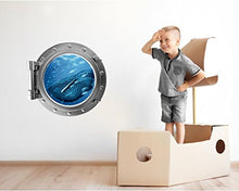 Load image into Gallery viewer, 24&quot; Port Scape Whale Shark Porthole Silver 3D Window Wall Decal Instant Under The Sea Water Ocean Fish Childrens Wall Art Kids Room Nursery Decor Removable Fabric Vinyl Peel and Stick
