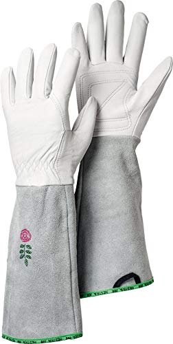 Hestra Garden Rose Reinforced Protective Womens Long Gauntlet Gardening Gloves | Soft Durable Goat Leather Gloves for Pruning, Brush Trimming and General Gardening - Off White - 10