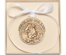 Load image into Gallery viewer, Gold Oxide Baby in Manger Crib Medal with Pink Ribbon - Boxed
