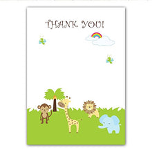 Load image into Gallery viewer, 30 Blank Thank You Cards Green Blue Jungle Safari Rainbow Design Monkey Giraffe Lion Elephant Baby Shower Birthday Party + 30 White Envelopes
