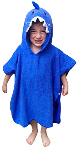 Hudz Kidz Premium Hooded Towel Poncho for Kids & Toddlers, Soft 100% Cotton, Ideal at Bath, Beach, Pool (Blue Shark)