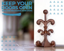 Load image into Gallery viewer, Fleur De Lis Cast Iron Door Stop | Decorative Door Stopper Wedge | with Padded Anti-Scratch Felt Bottom | Antique Vintage Design | Solid and Heavy Duty| 4x3.5x7.75&quot; | Brown by Comfify
