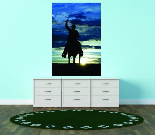 Decals - Cowboy Horse Beach Rider Sunset Outdoor Scene Bedroom Bathroom Living Room Picture Art Mural - Size 24 Inches X 48 Inches - Vinyl Wall Sticker - 22 Colors Available