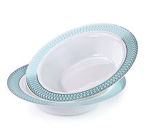 Load image into Gallery viewer, &quot; OCCASIONS&quot; 120 Bowls Pack, Disposable Wedding Party Plastic Bowls (12 oz Soup Bowl, Venice in White/Blue &amp; Silver)
