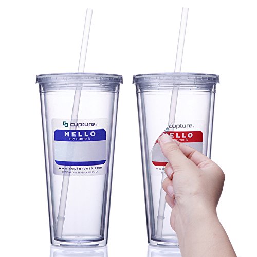 Cupture Classic Insulated Double Wall Tumbler Cup with Lid, Reusable Straw & Hello Name Tags - 24 oz, 2 Pack (clear)