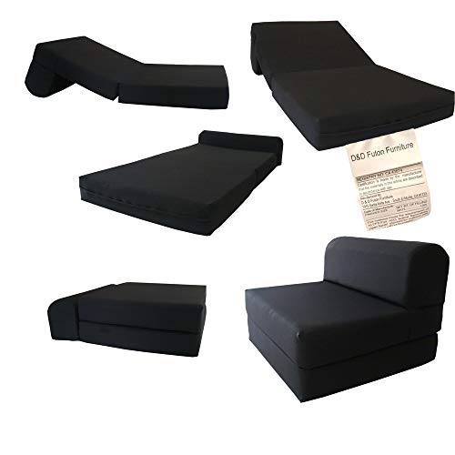 D&D Futon Furniture Black Sleeper Chair Folding Foam Bed Sized 6 X 32 X 70, Studio Guest Foldable Chair Beds, Foam Sofa, Couch, High Density Foam 1.8 Pounds.