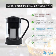 Load image into Gallery viewer, COLD BREW COFFEE MAKER By Spigo 1 Liter (4-Cups) Capacity, Great For Flavorful Iced Coffee That Stays Fresh Longer, Borosilicate Glass, Easy Cleaning, Fun Ideas and Recipe Booklet, 8x5 Inches, Black
