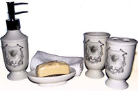 White Rose Design 6 Piece Ceramic Bath Ensemble - Soap, Soap Dish, Lotion Dispenser, Toothbrush Holder & Tumbler, Cloth