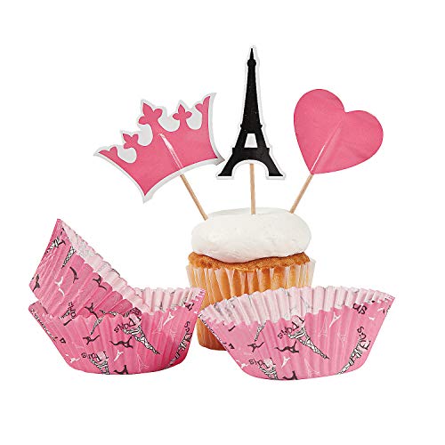 Fun Express - Perfectly Paris Baking Cups W/picks for Birthday - Party Supplies - Serveware & Barware - Misc Serveware & Barware - Birthday - 100 Pieces