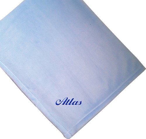 Atlas Embroidered Boy Name Personalized Microfleece Satin Trim Blue Baby Blanket